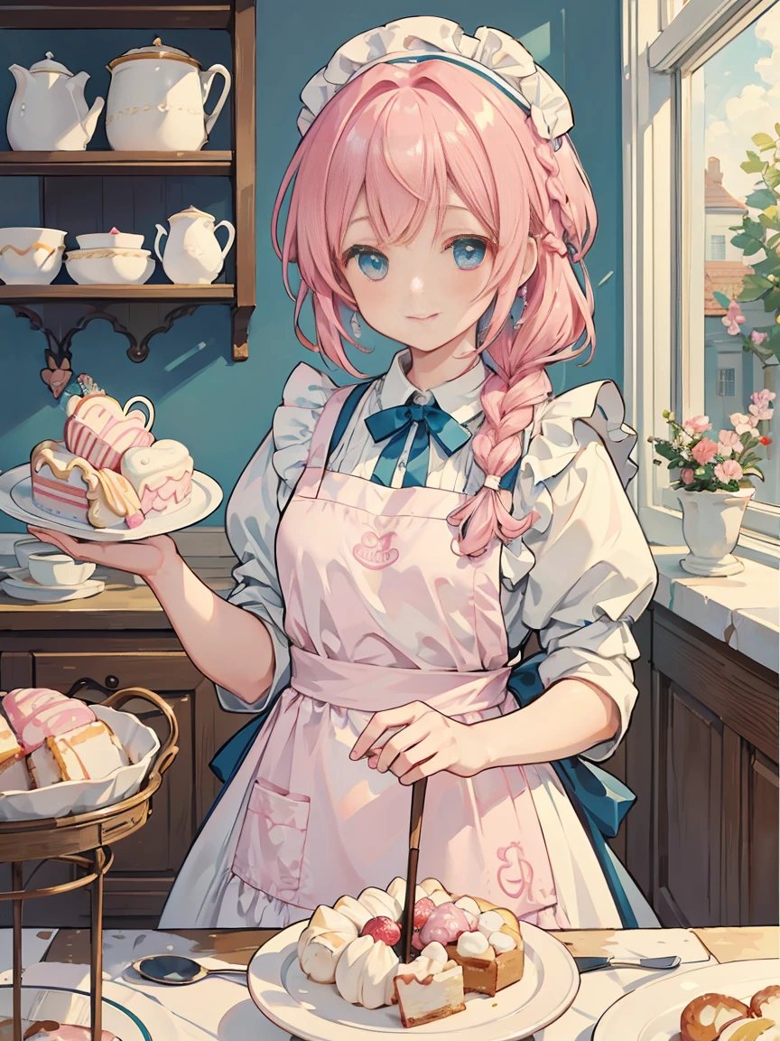 perfect eyes, soft light, high quality, 4k resolution, masterpiece, textured skin, high details, detailed face, detailed eyes, best quality, award winning, super detail, high quality, Pastry chef, confectionery maker, apron, pink hair, braid, hairpin, smile, happy, Impressionism, Monet, Cake shop, decorating cakes in the kitchen