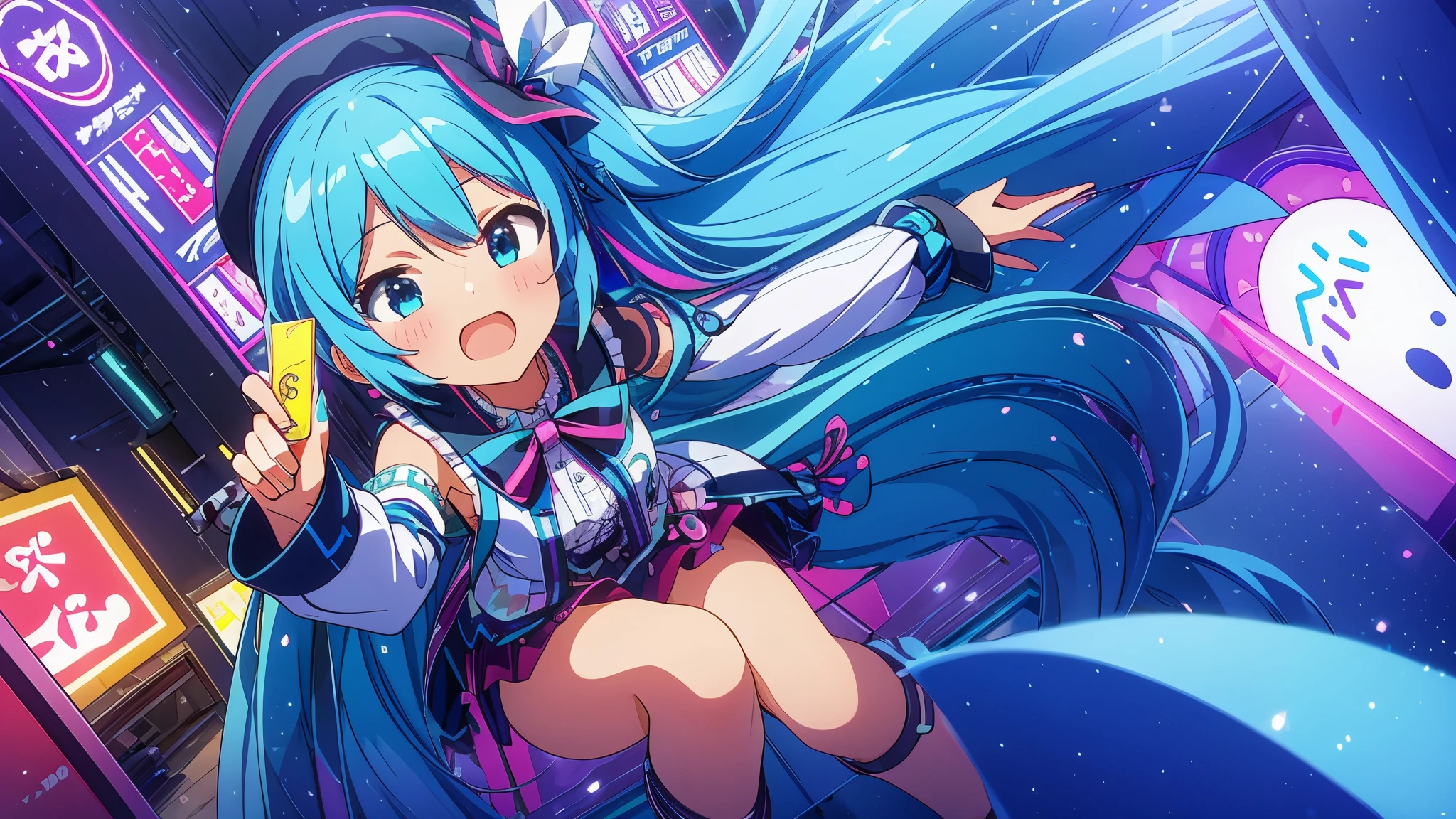 One girl only girl masterpiece、Superior image quality、超High resolution、Miku Hatsune、blue hairs、two-tailed、blush、mock、Open your mouth a little、casual clothes、casual miniskirt、Wearing a small beret、japanese amusement park