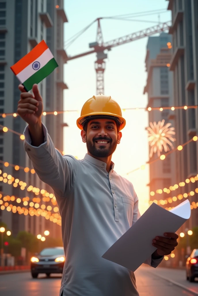 "Create an image of a modern building developer standing in front of a high-rise construction site, holding a blueprint in one hand while waving an Indian flag with the other. The developer should be smiling, wearing a traditional kurta paired with a construction helmet. In the background, the construction site is decorated with lights and Indian tricolor banners, with a large sign that reads 'Happy Independence Day' in bold, festive letters. The sky is clear with fireworks in the distance." Create it in white background