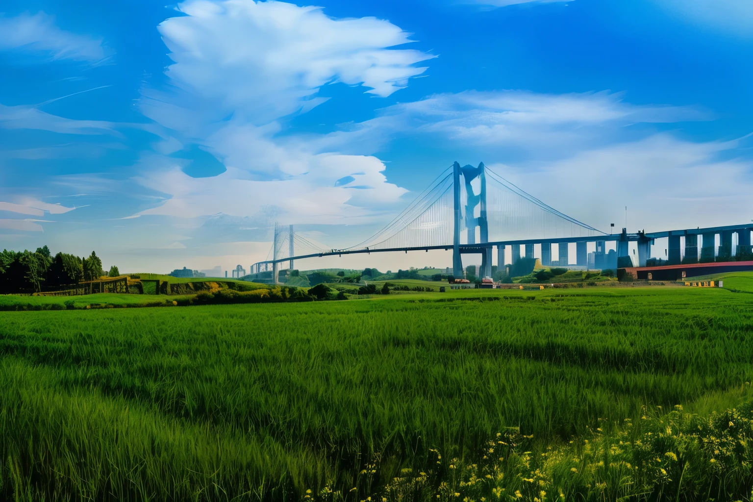 there is a large 桥 that is over a field of grass, grass field surrounding the city, Bridge, countryside in China, tall 桥 with city on top, Wide landscape, Anime rural scenery, Detailed scenery ,Landscape photos, HDR photos, Very beautiful scenery, Bridges, Beautiful sunny day,Chinese countryside, RAW,uhd,8k,Detailed Details,Best quality,Perfect color matching,Cinematic atmosphere,Masterpieces shot by international photography masters,National Geographic Photography Award Winners,Bridge,Blue sky and white clouds,Long exposure