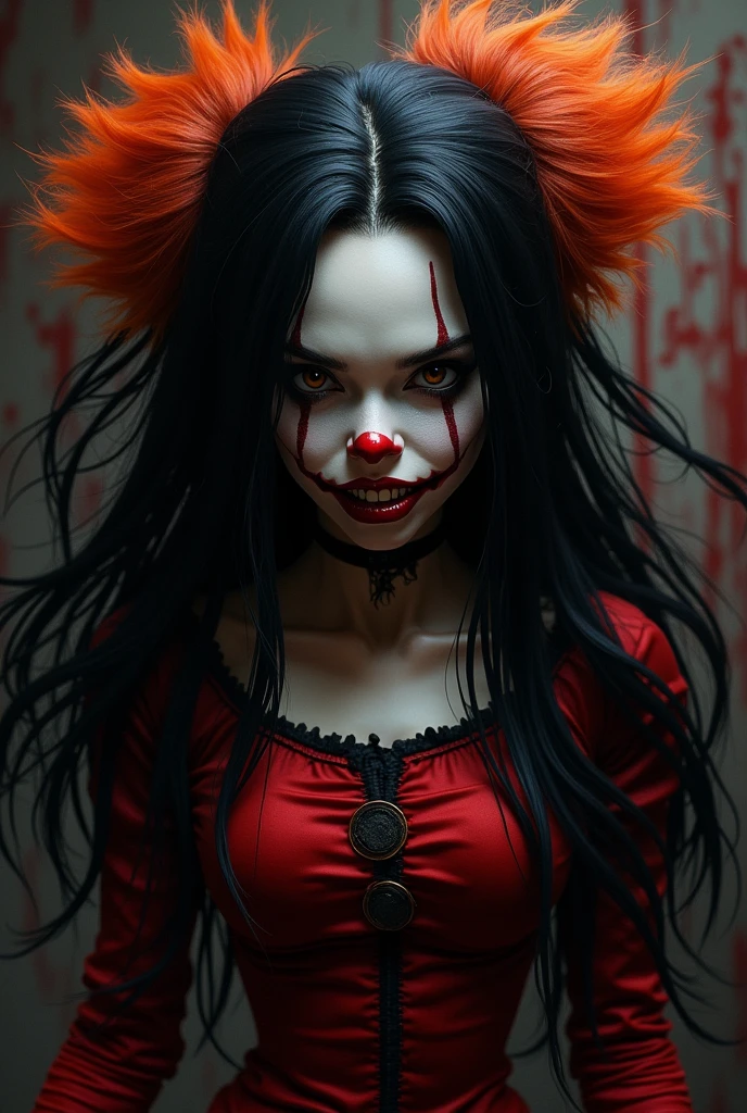 Pennywise woman with long black hair with orange stripes in the Monster High Dracula style and red and black clothing 