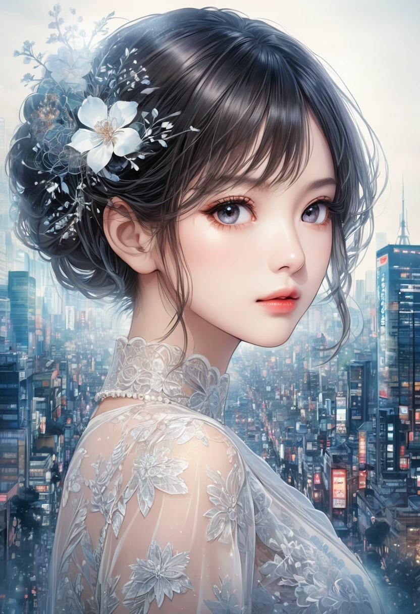   Double exposure of a beautiful and delicate lady(Face clear and perfect)Image，The backdrop is a hyper-detailed tokyo city perfect for, Beautifully, Intricate illustrations, art work concept art work masterpiece, best quality, Super detailed, HD