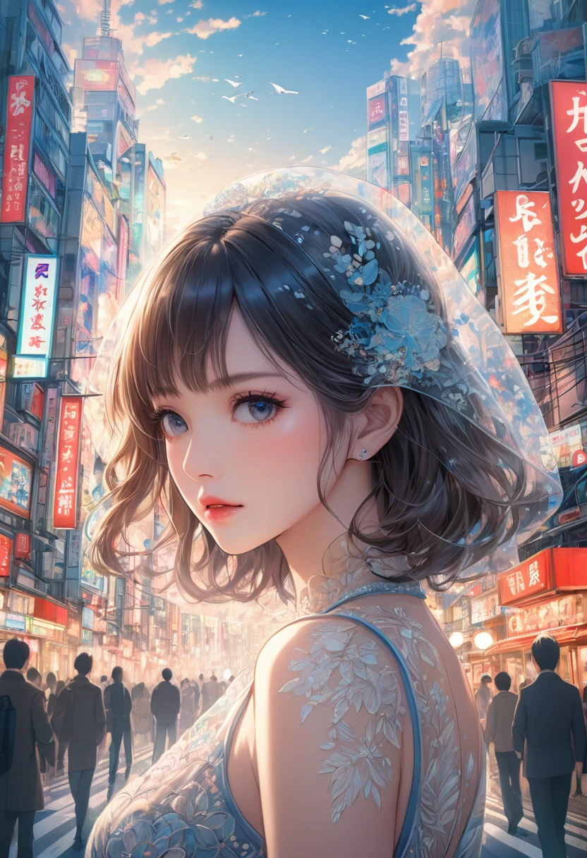 Double exposure of a beautiful and delicate lady(Face clear and perfect)Image,The backdrop is a hyper-detailed tokyo city perfect for, Beautifully, Intricate illustrations, art work concept art work masterpiece, best quality, Super detailed, HD