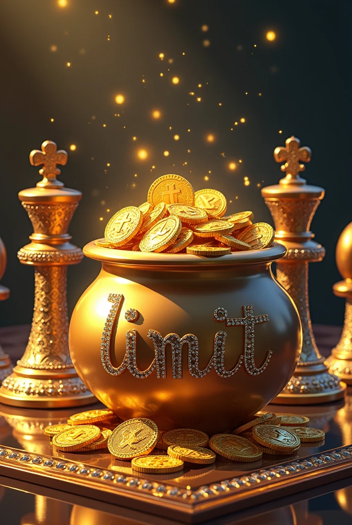 drawn drawing, sticker Gold coins in a pot It has the word written on it "limit"
Chess board chess pieces standing next to each other. They are set with rhinestones and beautiful stones. Golden color. Luxury luxury