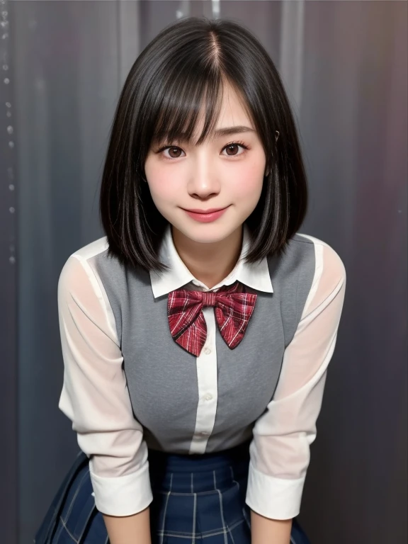 (kawaii 18 year-old Japanese girl is standing on the floor, leaning forward, reaching two hands for one's knees, Nogizaka idol, Korean idol), healthy female athlete body, (glossy black hair, short hair, pixie cut, bangs:1.3), (rounded face, pure black eyes, single eyelid, no makeup, big laughing:1.2), (wearing Japanese school uniforms, blazer jacket, collared shirt, bow tie:1.3), extra small breasts, (plaid skirt, bare thighs visible:1.2), BREAK, (simple grey background:1.3), (dynamic angle, cowboy shot, thigh focus:1.2), BREAK, (masterpiece, best quality, photo realistic, official art:1.4), (UHD, 8K quality wallpaper, high resolution, raw photo, golden ratio:1.3), (shiny skin), professional lighting, physically based rendering, award winning, (highly detailed skin, extremely detailed face and eyes, anatomically correct body), Carl Zeiss 85 mm F/1.4, depth of field, 1girl, solo,