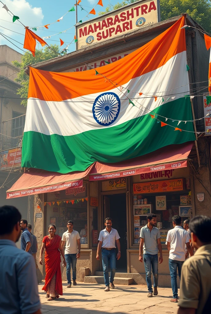 एक shop है जिस का नाम Maharashtra Supari है और वो celebrate ker rahe hai India flag k sath
