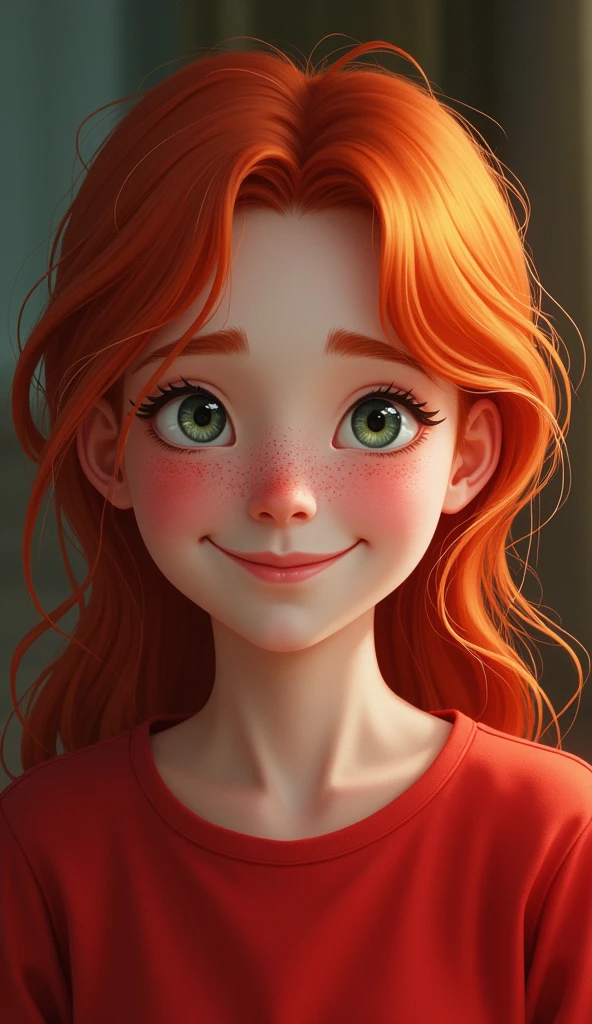 Redhead, red sweatshirt, smiling, eyes with different colors, one gray and one green eye, with freckles 