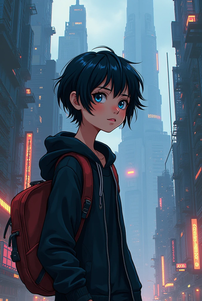 digital art style, drawn by hand, cartoon-like, unrealistic, concept art, fanart, dystopian, futuristic, gender-neutral, young adult, dark hair, blue eyes, “stellar”