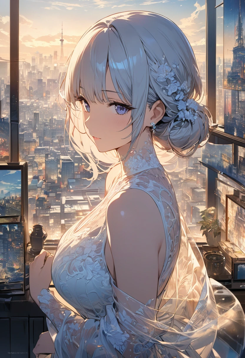    Double exposure of a beautiful and delicate lady(Face clear and perfect)Image，The backdrop is a hyper-detailed tokyo city perfect for, Beautifully, Intricate illustrations, art work concept art work masterpiece, best quality, Super detailed, HD