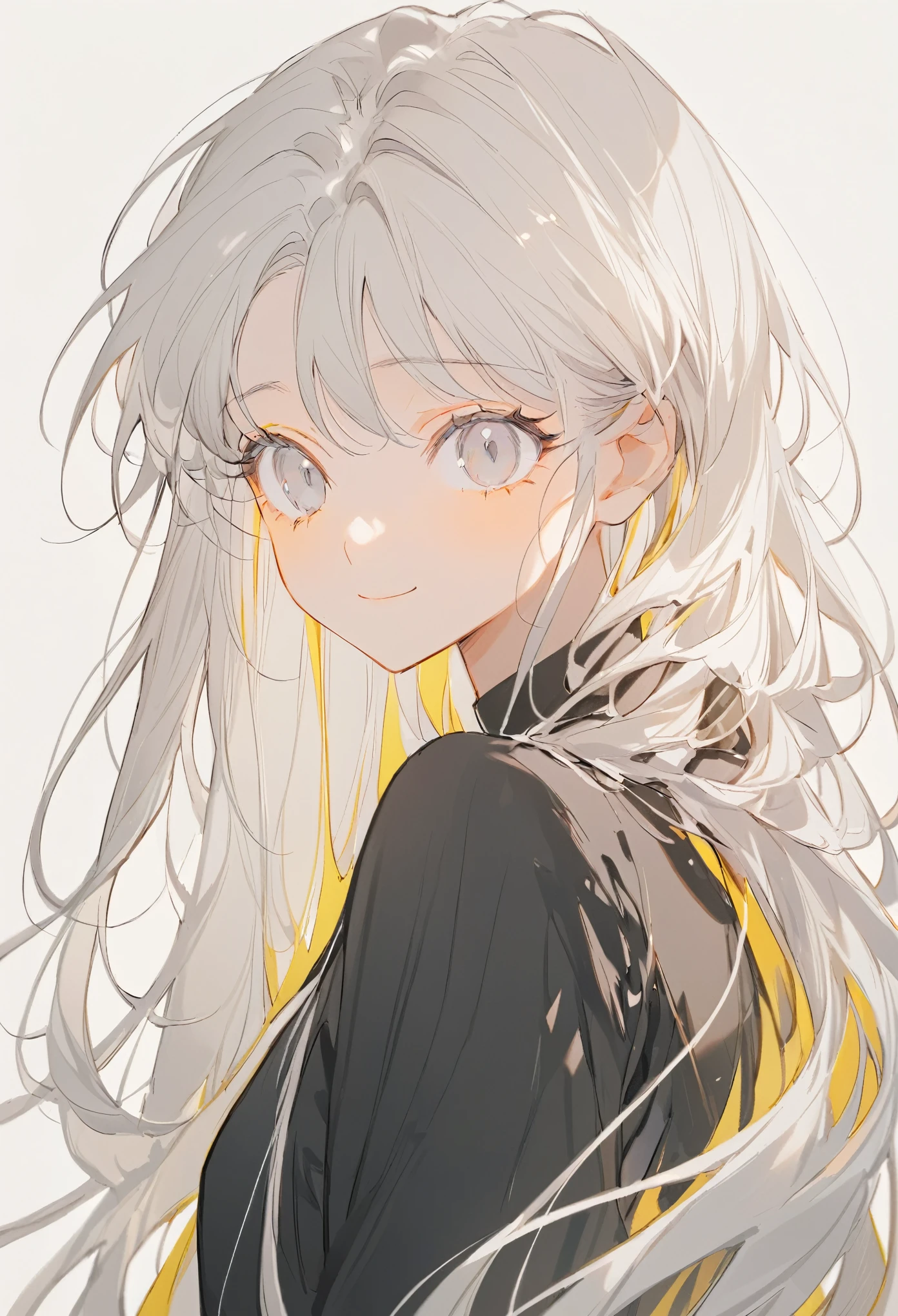 Soft lines、girl、White Hair, grey eyes、Straight Long Hair,{yellow inner hair},Upper Body,black dress, {bright background}、front、look at me, smile,{sad}