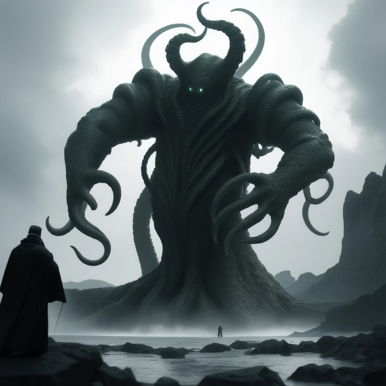 wide shot, action, epic composition, photo of the tallest (CthulhuBishop:1) from Lovecraft&#39;s Order of Cthulu