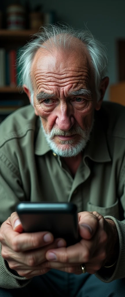 Elderly man desperate with his hacked phone in hand