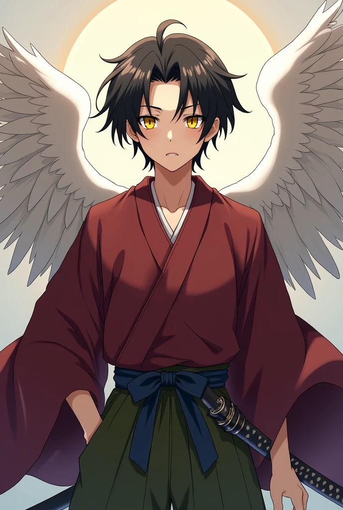 Anime Japanese man in a kimono, with yellow eyes, black hair, white translucent wings behind him, maroon clothing, olive green hakama pants, short center-parted hair. He is holding a sword at his waist.