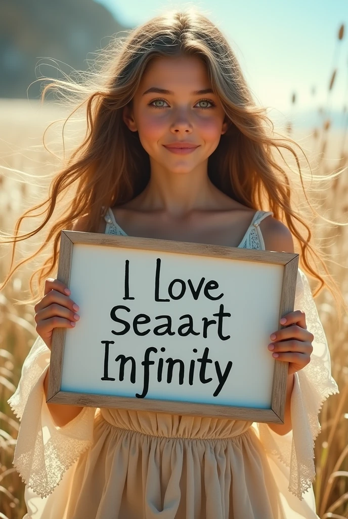 Beautiful girl with wavy long hair, bohemian dress, holding a white board with text "I Love Seaart Infinity" and showing it to the viewer