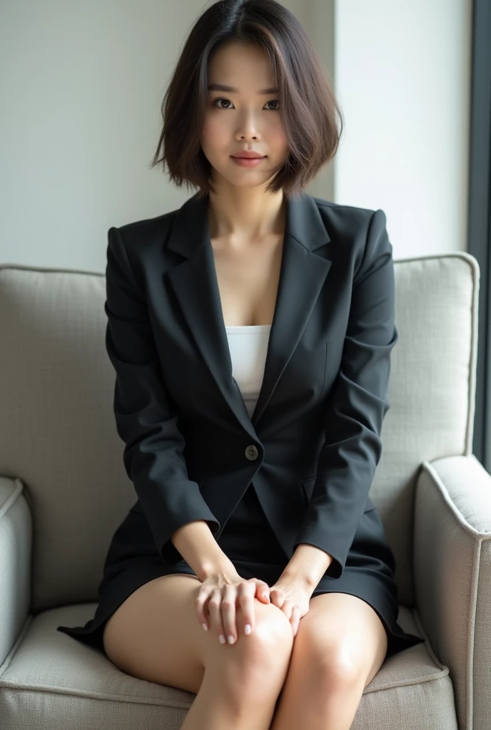 A very beautiful Japanese office lady、business suit、I can see her panties、Voluptuous body、Spread your legs、Bob Hair、No makeup