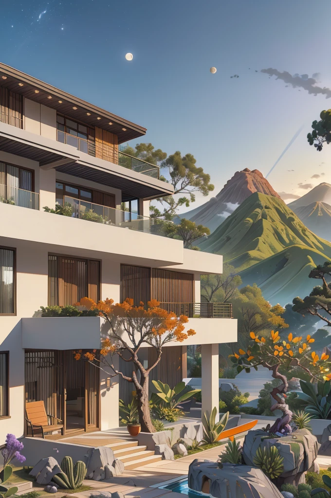 small and beautiful modern house in top of big boulders, terraces, pool, stairs, multiple cacti gardens, palms, trees, rocks, beautiful landscape design, mountains and volcano y background, amazing clouds, sun, moon, planets, milky way galaxy, concrete, wood, glass and steel materials, olive green, violet, orange and withe colors in facade