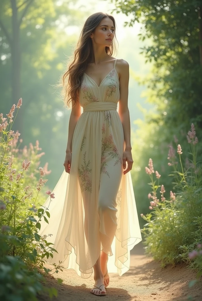 A woman of delicate and ethereal appearance. Wear light and flowing clothes, like floral dresses and sandals. Her style is natural and serene, with an air of calm and freshness