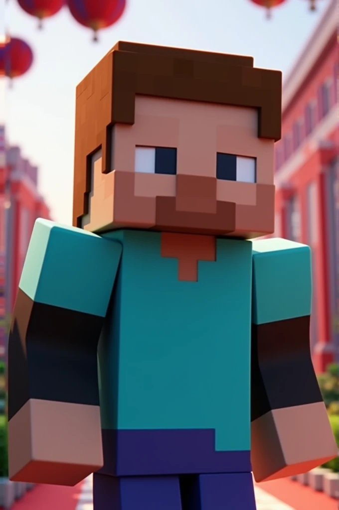 create a 3d avatar of Minecraft player who wears lite blue colour tshirt with black colour full hand sleeve with black pant with black colour eyes with brown hairs independence day theme