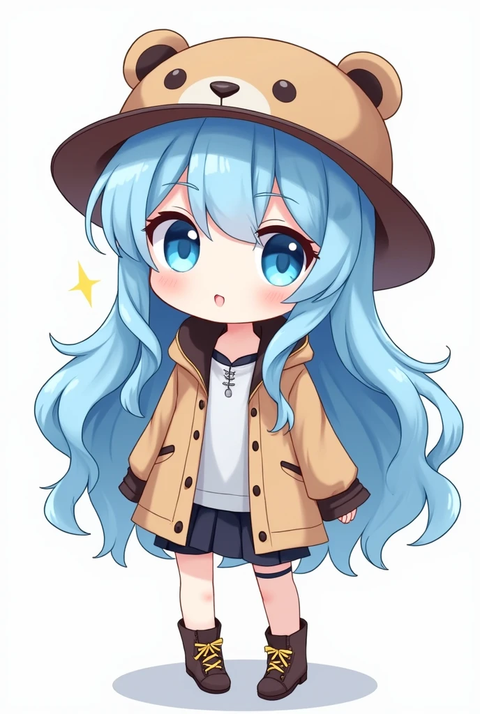 A chibi drawing of a girl with long, wavy blue hair, wearing a bear hat and cool clothes, with big blue eyes.