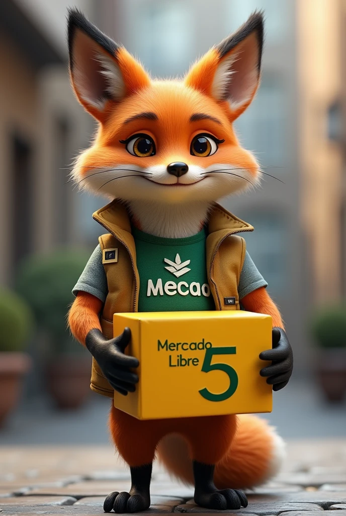 Raposa realisitic com colete escrito mercado livre carregando uma caixa amarela escrito mercado livre 5S.
realisitic