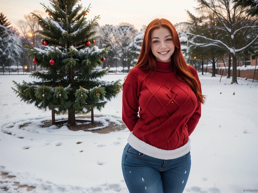 beautiful redhead woman, smiling, thick body, thicc, wide hips, large breasts, tight jeans, snow on the ground outside , red Christmas sweater, Christmas tree, 30 years old, accentuate butt