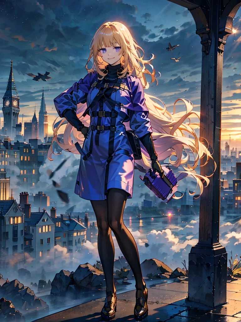 You can see the clouds, Purple Eyes,with golden hair, wearing a duffle coat, Falling from the sky, Empty City, A town above the clouds, Sky City