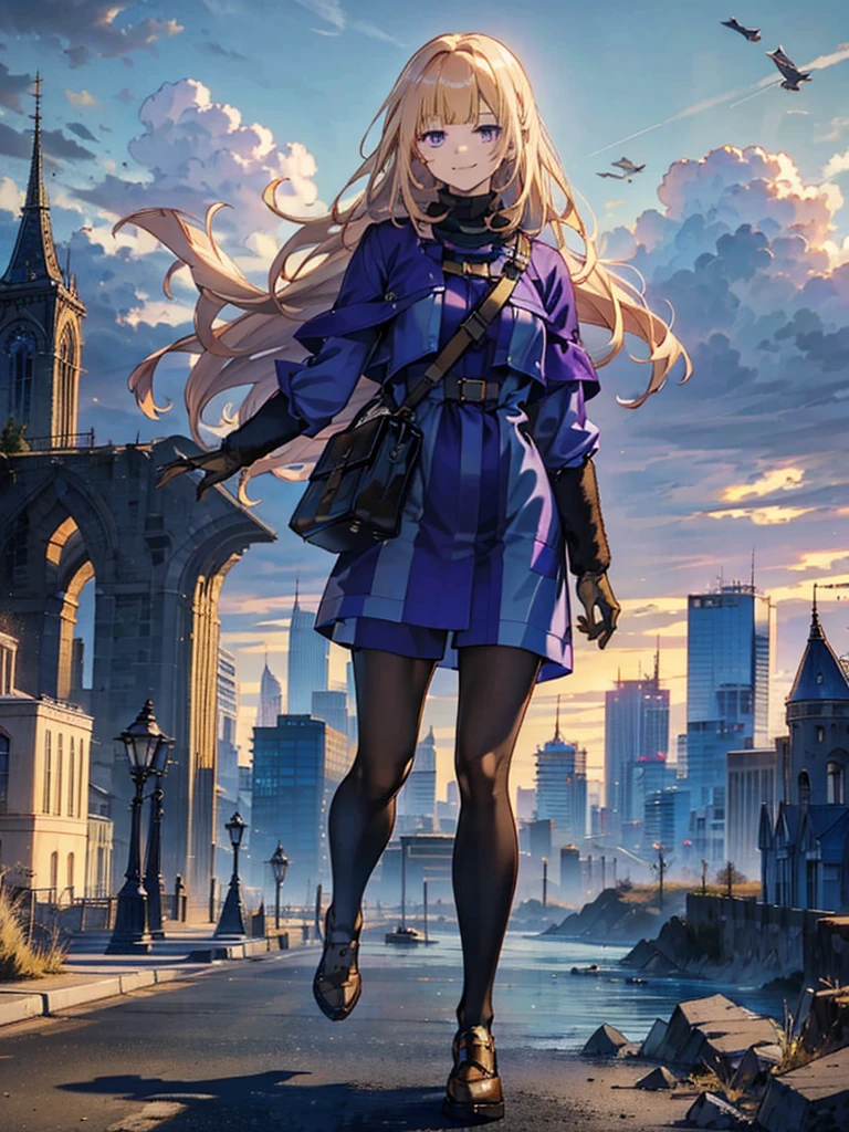You can see the clouds, Purple Eyes,with golden hair, wearing a duffle coat, Falling from the sky, Empty City, A town above the clouds, Sky City