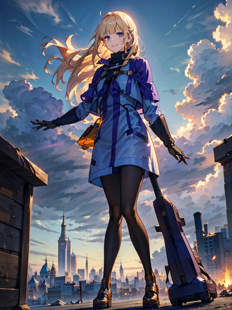 You can see the clouds, Purple Eyes,with golden hair, wearing a duffle coat, Falling from the sky, Empty City, A town above the clouds, Sky City