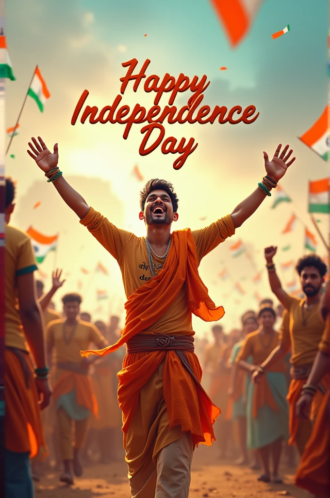 1. A real 20-year-old boy joyfully celebrates Indian Independence Day. He is wearing traditional Indian outfits with the name "deep" written on his attire. Above him, in the sky, the words "Happy Independence Day" are displayed in a bold font. The backdrop is filled with people celebrating, enhancing the festive and patriotic spirit of the day.