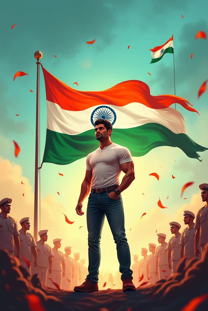 INDEPENDENT DAY AND INDIA FLAG WITH A MAN 
AND background krish Gaming World name