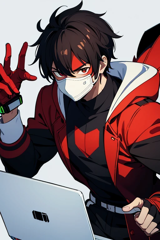 Generate a male character who is a programmer and loves video games. The character has brown skin, black hair, and does not show his face, wearing a white mask with red details. He is holding a laptop in one hand and a video game controller in the other, in a dynamic and energetic pose.