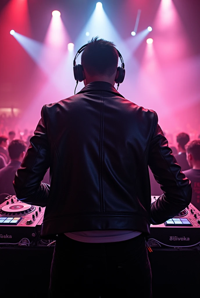 a dj in leather jacket, a picture taking from the back