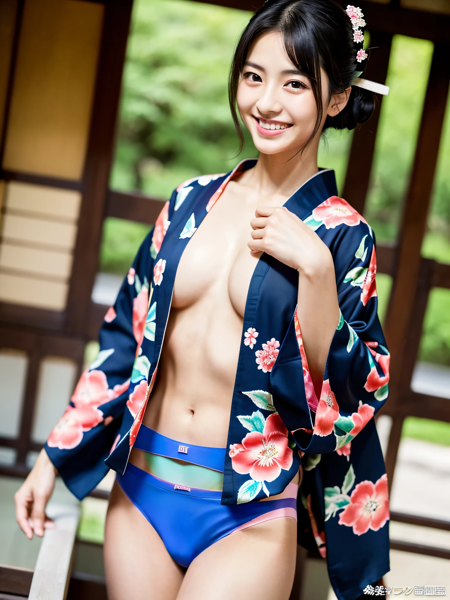 最high quality、high quality、Best image quality、8k、最High resolution、High resolution、最high quality、masterpiece、RAW Photos、whole body写真、A very cute face like an idol、Smiling Kindly、Detailed and realistic human body、Detailed and realistic skin、Realistic face in every detail、Detailed and realistic eyes、Detailed and realistic lips、Detailed and realistic teeth、Detailed and realistic ears、Detailed and realistic hair、Detailed and realistic weapons、Realistic reproduction of every detail、Realistic fingers in every detail、(Beautiful Hands、thumb1reference4)、Realistic feet down to the last detail、((Beautiful Japan))、(Japanese Model)、((18 year old beautiful girl))、(Black Hair)、(Straight hair)、((whole body))、(Slim and perfect figure)、(whole body光沢肌、Fair skin)、Detailed and realistic human body、Detailed and realistic skin、Realistic face in every detail、Detailed and realistic weapons、Realistic fingers in every detail、Detailed realistic feet、Soft natural light、(Maiko、geisha、kimono、Long-sleeved kimono、yukata、Japanese tradition、Samurai residence、Japanese garden、(((Colorful floral pattern(丈が短いkimono)))、(((kimonoめくり(kimonoの裾を上げる)))、(((Beautiful thighs(Sexy panties are in sight)))
