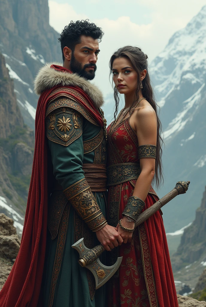 A marriage between a short-bearded Inca prince from ancient Peru with curly, black hair and a robust-looking Nordic princess with her battle-axe., with light brown straight hair and green eyes 