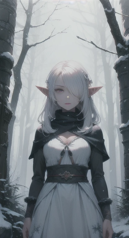 Frozen, misty Forest, ancient being, winter, snow, winter witch, Saria, tan skin, Sheikah, pointed ears, white hair, pink eyes, eyes in the fog, regal appearance, looking at viewer, POV, cabin, evil devil,