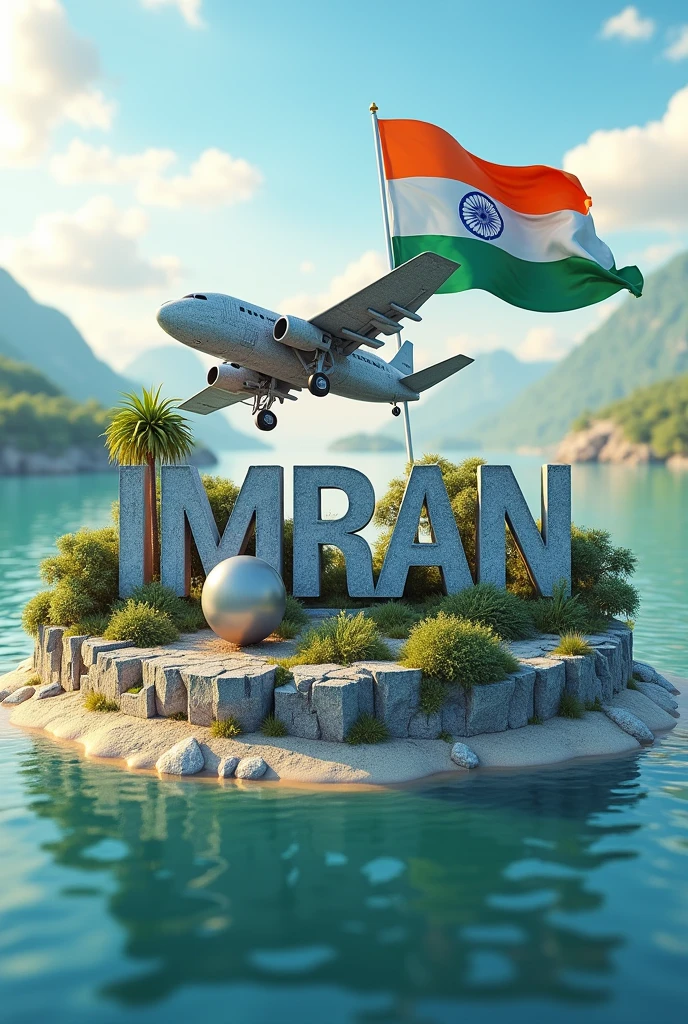 Name “IMRAN” real 3D sea Island background with big Indian flag , stone text capital big aroplane, stone peal. stylish in front 3D rendering, typography, 3d render, poster, fashion
