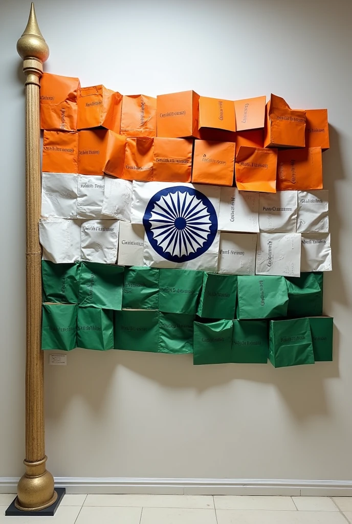 make a indian flag by joining too many paper bags paper pack poxes and some diaries print o creation company name should also be present in some of the bags which can be seen