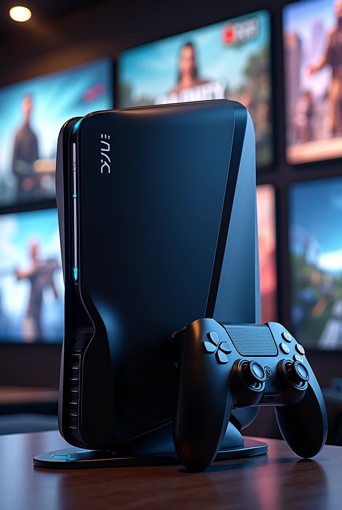 Create the image of a video game console called Direct Console with the technology and casing view as if it were made in 2007 with the size a little big and that the controller is wireless and the design of the console and the controller is unique and that it has background games like GTA V Call of Duty Black Ops and an adventure game called Adventure Billy Joe