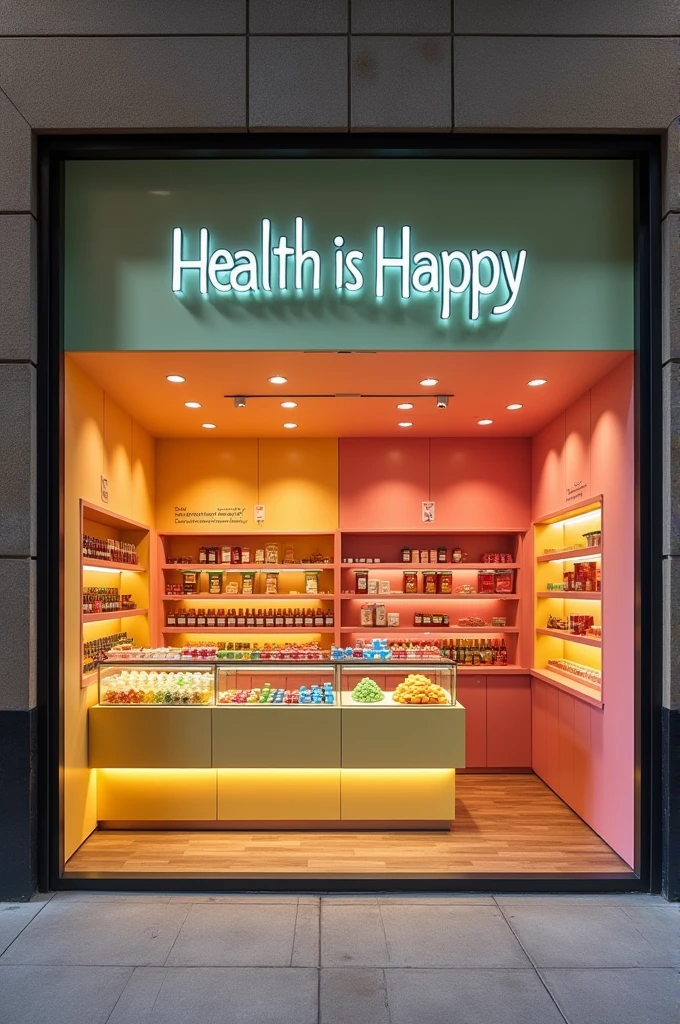 A medicine store that only sells gummies, all medicines are sold in gummy form. That it's called health is also happy, and that the name of the store also includes the name of the wood floor: Katherine Ramírez . And you show me the facade, that it's with the colors of health but with the fun of gummies. That people never have to worry about how bad their pills taste. That it's in autumn and the place is minimalist, located in New York, elegant and not cartoonish. be real.