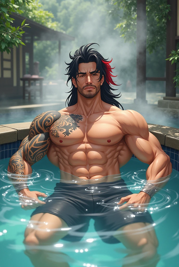 Could you generate an anime-style, muscular guy with black hair and a red streak on the left side, relaxing in a hot spring after an intense workout? 