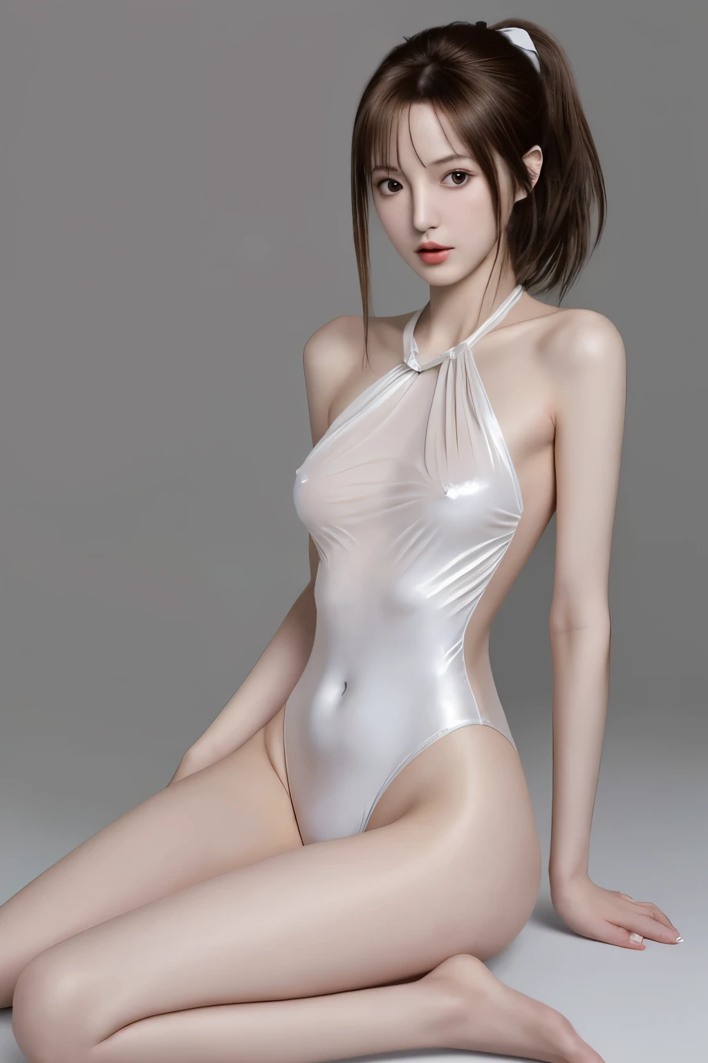 8k　high quality2.5　high resolution2.5　Full body image　Keiko Kitagawa　Use lots of white　ASİAN　young　topless　silver　High heels　Cute Face　round face　Fair skin　Thin thighs　High pin heel　Glowing Skin　Slender　I can see the ribs　Narrow waist　Thin body　Long, Slender legs　Thin arms　See-through swimsuit　Nipple shape　female genital shape　Adult women　Brown Hair　ponytail　 Dark Eyes　metallic　white　Highly revealing　Hands on the back of the head　Bow-legged