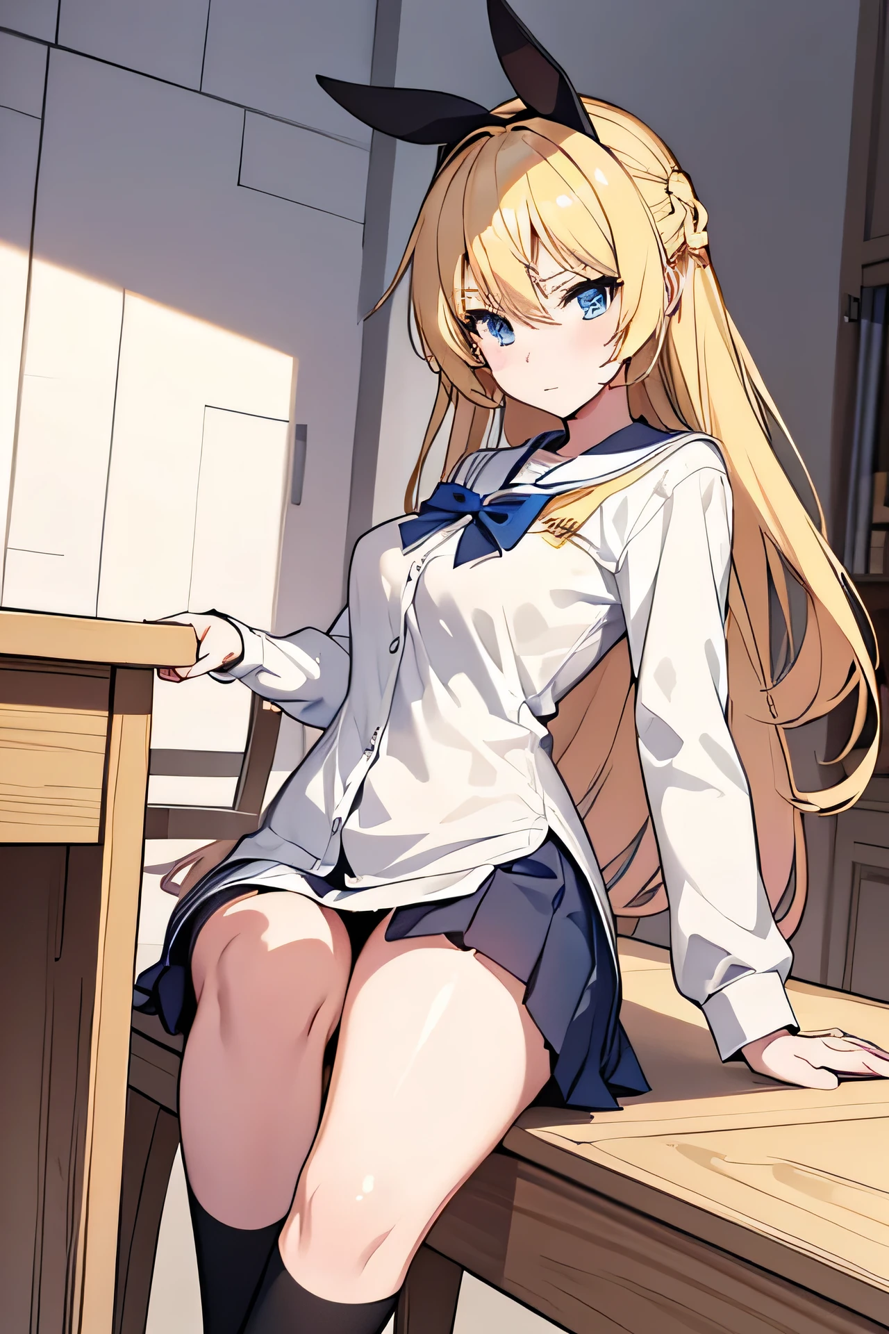 blonde anime girl. school girl outfit, perfect body., tsundere, magic academy