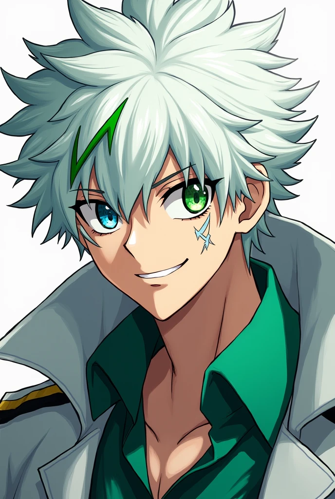 Boku no hero academia style a man smiling with white hair and a short green streak with a scar on his eye, one green eye and one blue eye half body posing disheveled flirty