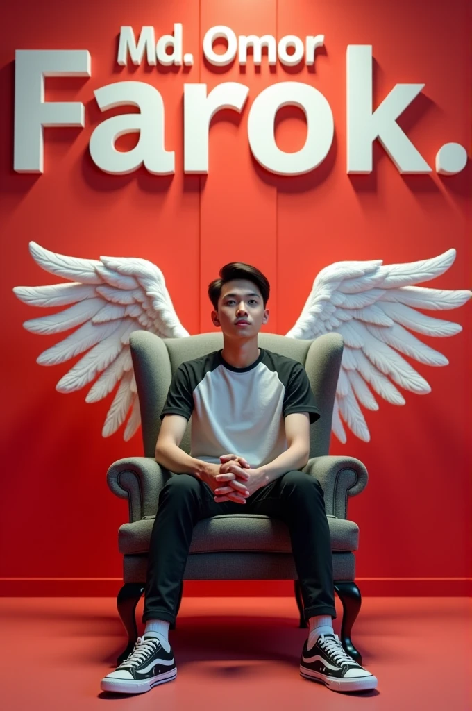 Prompt: Create a 3D illusion for a picture where a boy 25 years in a black and white shirt sits casually on a Wingback Chair. Wearing sneakers ,, and , he looks ahead. The background features "Md.Omor Farok" in big and capital white fonts on the red wall. There should not be his shadow, and there are wings to make it appear as if he is an angel.