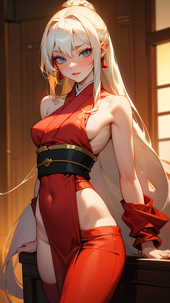 20 year old woman, with long albino hair, smooth and loose, bright blue eyes, Red lips, blushing cheeks, well defined body, giant bust, prominent hips, small waist, in a red silk kimono with white and gold details, with a prominent neckline, Calm facial expression, in a traditional Japanese house, in the middle of a summer night.