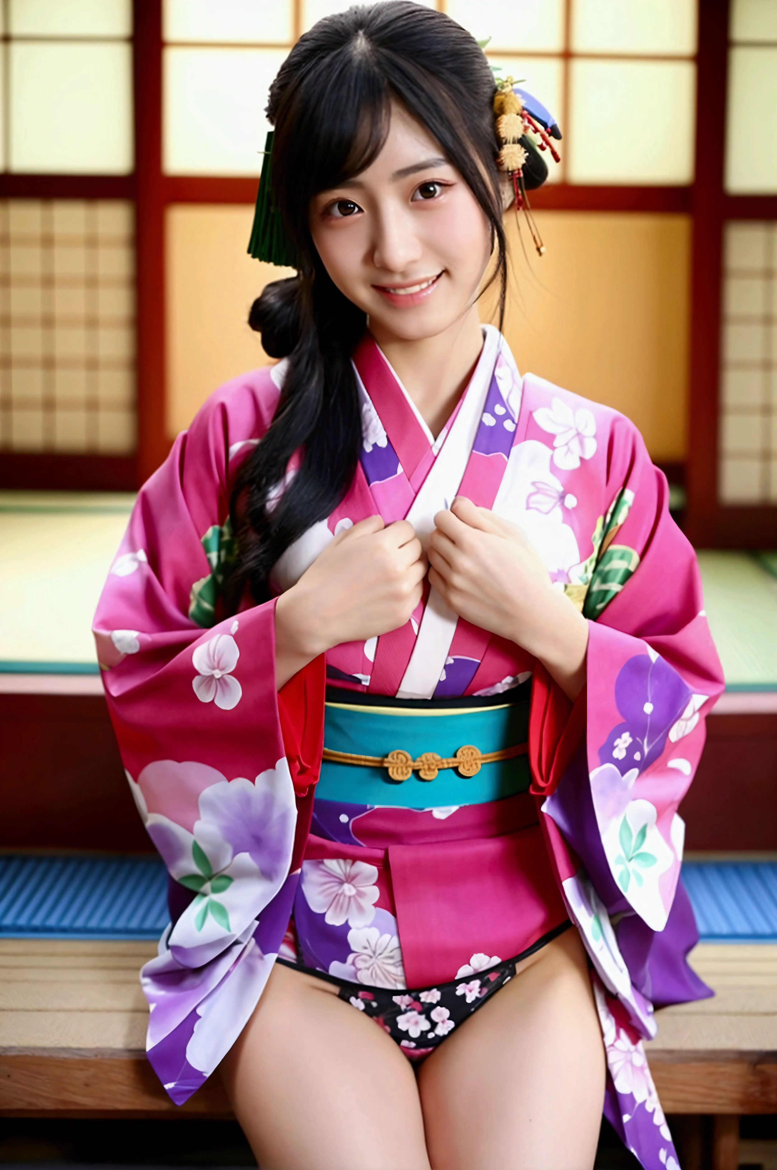 最high quality、high quality、Best image quality、8k、最High resolution、High resolution、最high quality、masterpiece、RAW Photos、whole body写真、A very cute face like an idol、Smiling Kindly、Detailed and realistic human body、Detailed and realistic skin、Realistic face in every detail、Detailed and realistic eyes、Detailed and realistic lips、Detailed and realistic teeth、Detailed and realistic ears、Detailed and realistic hair、Detailed and realistic weapons、Realistic reproduction of every detail、Realistic fingers in every detail、(Beautiful Hands、thumb１reference４)、Realistic feet down to the last detail、((Beautiful Japan))、(Japanese Model)、((18 year old beautiful girl))、(Black Hair)、(Straight hair)、((whole body))、(Slim and perfect figure)、(whole body光沢肌、Fair skin)、Detailed and realistic human body、Detailed and realistic skin、Realistic face in every detail、Detailed and realistic weapons、Realistic fingers in every detail、Detailed realistic feet、Soft natural light、(Maiko、geisha、kimono、Long-sleeved kimono、yukata、Japanese tradition、Samurai residence、Japanese garden、(((Colorful floral pattern(丈が短いkimono)))、(((kimonoめくり(kimonoの裾を上げる)))、(((Beautiful thighs(Sexy panties are in sight)))