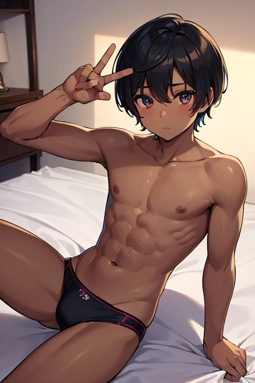 ((((masterpiece)))), high quality, best quality, perfect face, naive, masterpiece,(best quality),(colorful), expressive eyes, shirtless, cute boy, gay , men's bikini brief colorful underwear, dark skin,1 boy, peace fingers,black hairShort hair, bed