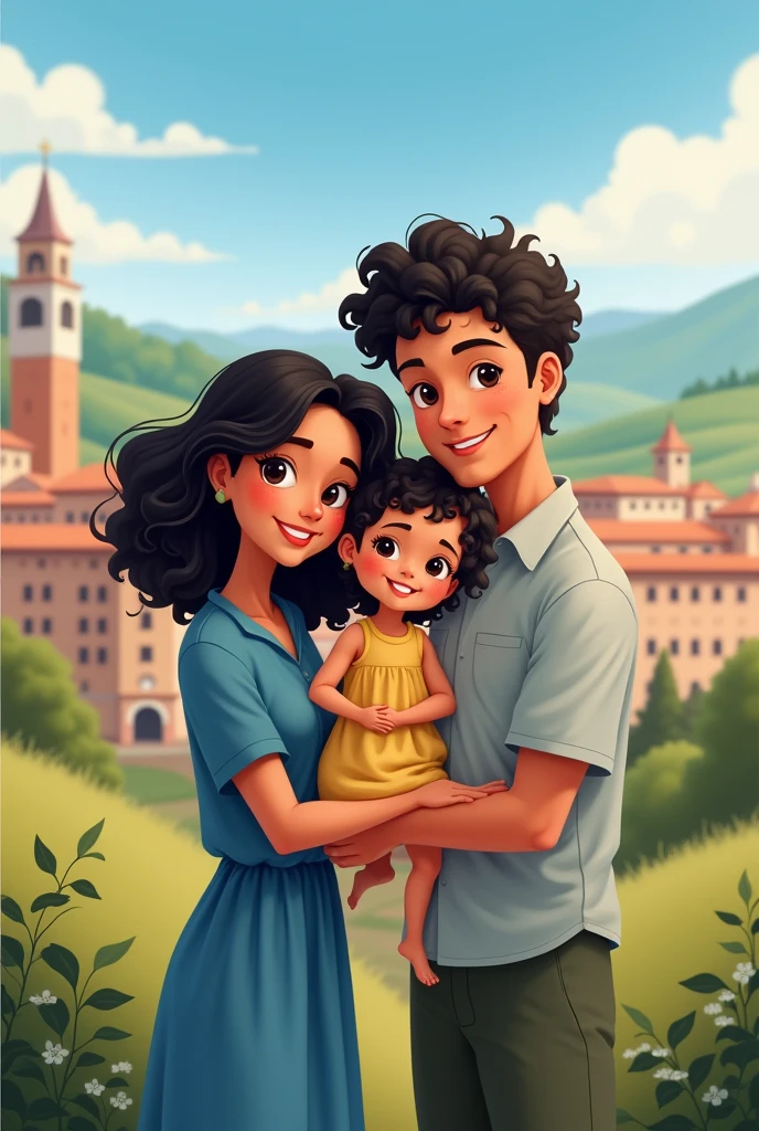 I want you to draw a family .. the brunette mother, brunette Indian and with glasses, wearing a blue dress only, and the father with curly black hair and white skin and the baby girl in the middle of the two and similar to the father with her curly hair too and smiling and in the background Italy tries anime style THE FATHER DOES NOT WEAR GLASSES DO NOT PUT GLASSES ON HIM