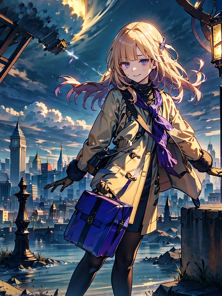 You can see the clouds, Purple Eyes,with golden hair, wearing a duffle coat, Falling from the sky, Empty City, A town above the clouds, Sky City