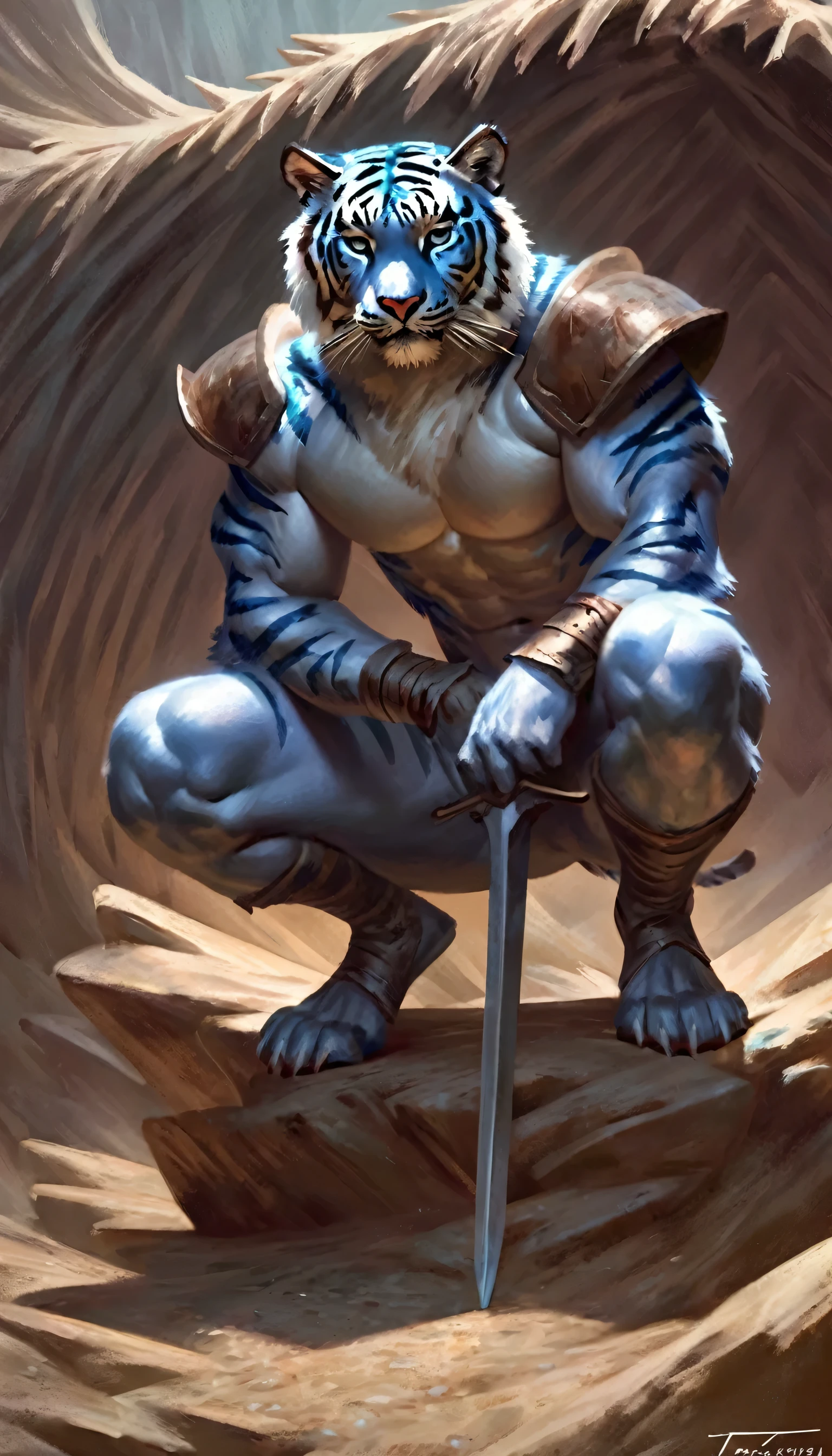 Male blue tiger knight in a den holding a large two-handed sword, alone, arrogant expression, masterpiece, Best Art, whole body, by violinist taran, detailed eyes, detailed body, claws, high, top-less, Pecs, ABS, shoulder pads, squatting posture, naked, looking directly at the viewer